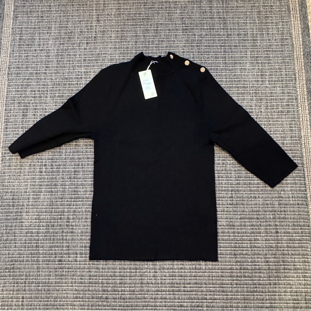 Women's Black Crewneck Sweater with Shoulder Button Detail